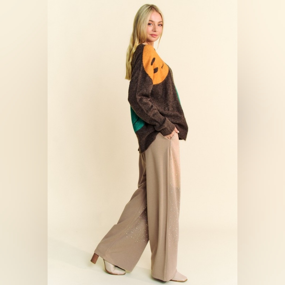 DAVI & DANI Knit Smiley Face Contrast Long Sleeve Oversized Pullover Sweater Top - Picture 6 of 16